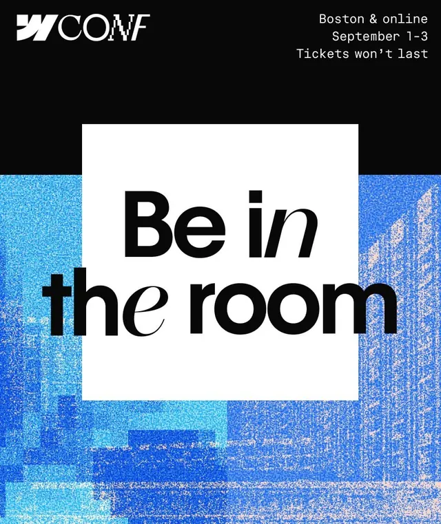 WCONF event poster with grainy blue glitch texture, editorial, abstract, high-contrast
