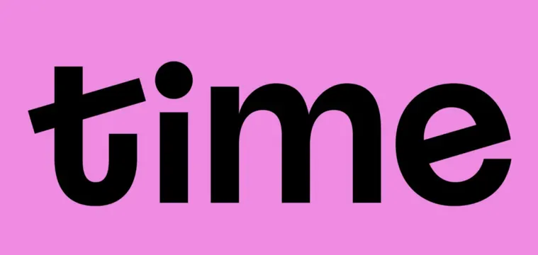 \"time\" lowercase wordmark on hot pink, minimal, geometric, vibrant