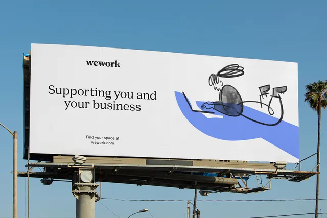 WeWork billboard with loose line mascot, minimal, corporate-clean, light