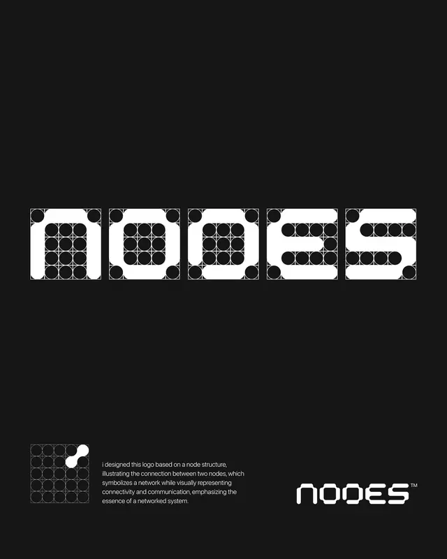 NODES wordmark built on circle-dot grid, minimal, geometric, dark