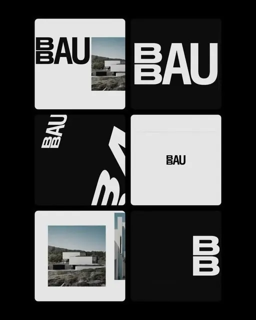 BAU monochrome architecture identity grid, minimal, monochrome, dark