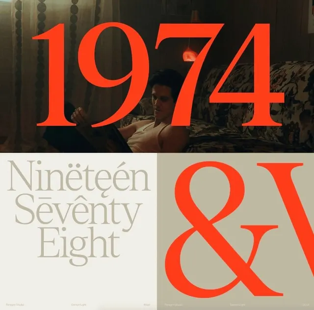Oversized '1974' serif over film-still photo, editorial, retro, warm