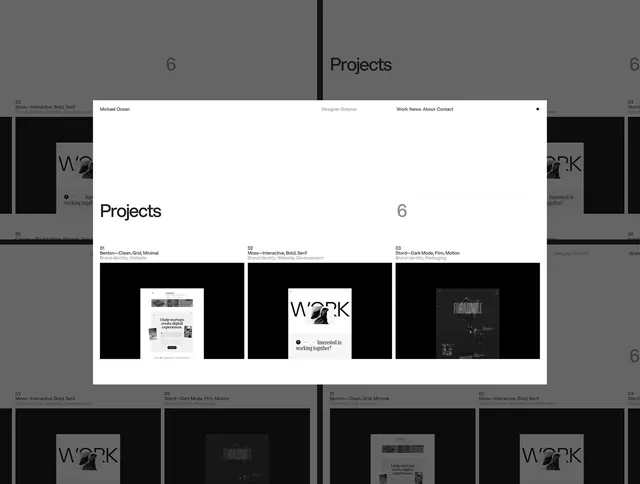 Swiss portfolio 'Projects' grid over tiled mockup, minimal, swiss, light