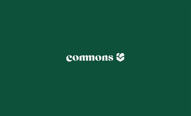 Commons serif wordmark with leaf glyph on forest green, minimal, editorial, dark