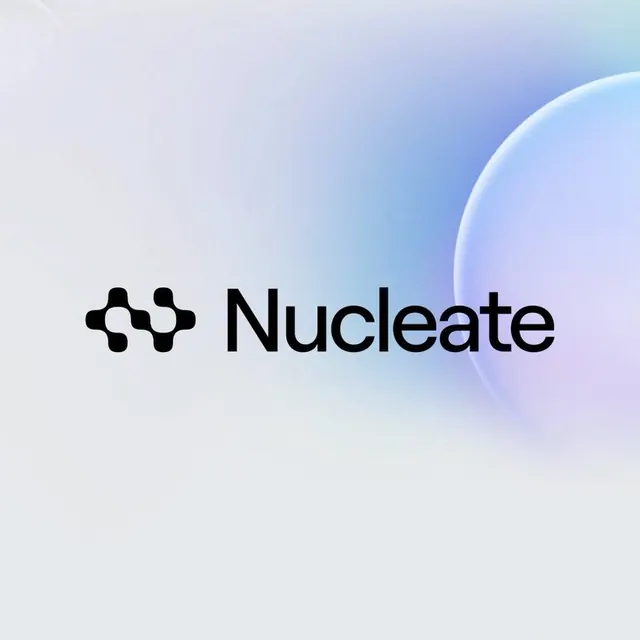 Nucleate molecule logo on iridescent gradient, minimal, gradient-heavy, light