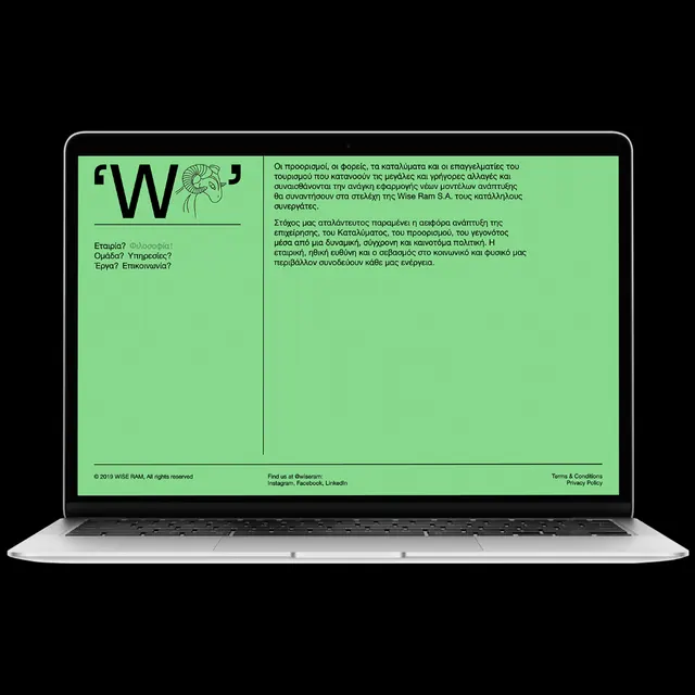 Wise Ram website on laptop, green editorial layout, minimal, editorial, vibrant