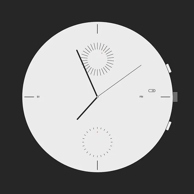 Minimalist chronograph watch face on charcoal, minimal, technical, dark