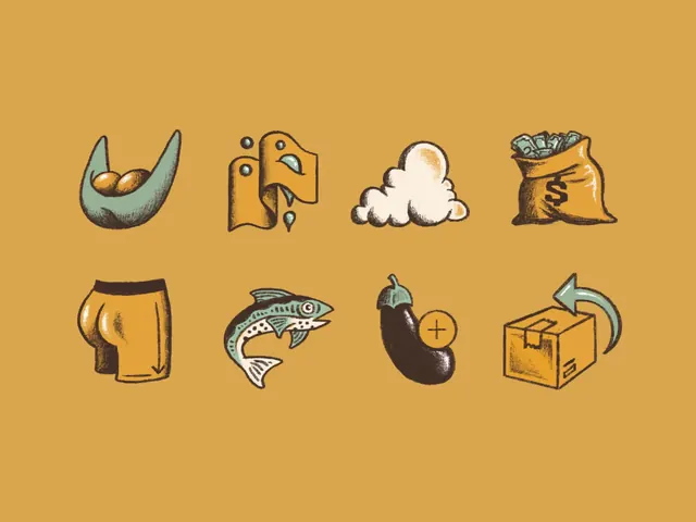 Hand-drawn textured icon set on ochre, illustrated, line-art, earthy