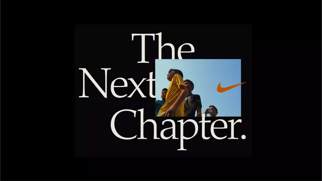 \"The Next Chapter.\" serif title card with photo inset, editorial, minimal, dark