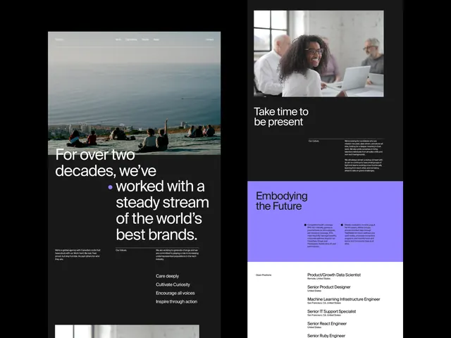 Agency editorial web layout with indigo accent block, editorial, corporate-clean, dark