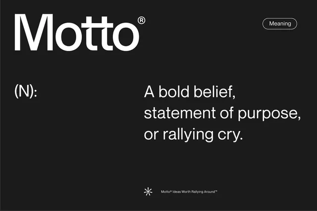 Motto dictionary-definition brand card, minimal, corporate-clean, dark