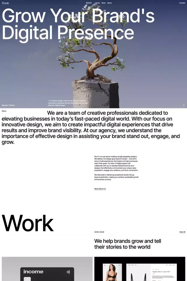 Agency hero with bonsai over oversized headline, minimal, editorial, light