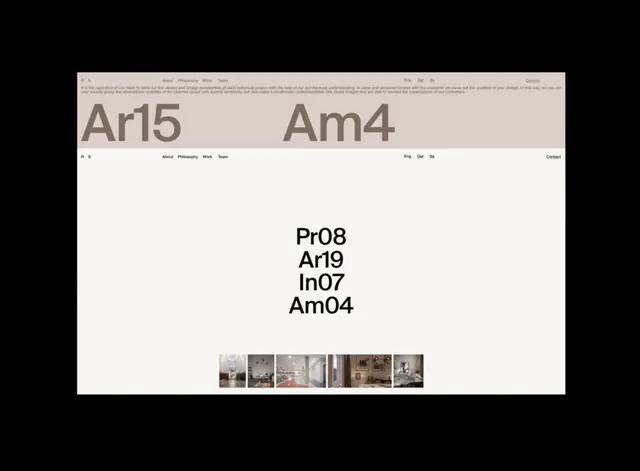 Architecture studio site with oversized project codes, minimal, swiss, light