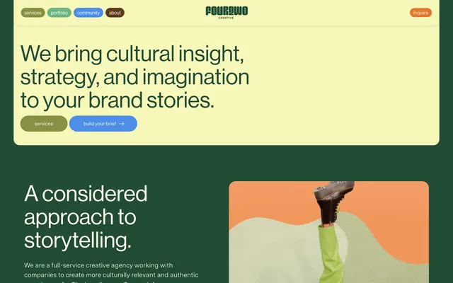 FourTwo Creative agency hero in butter yellow and forest green, editorial, corporate-clean, warm