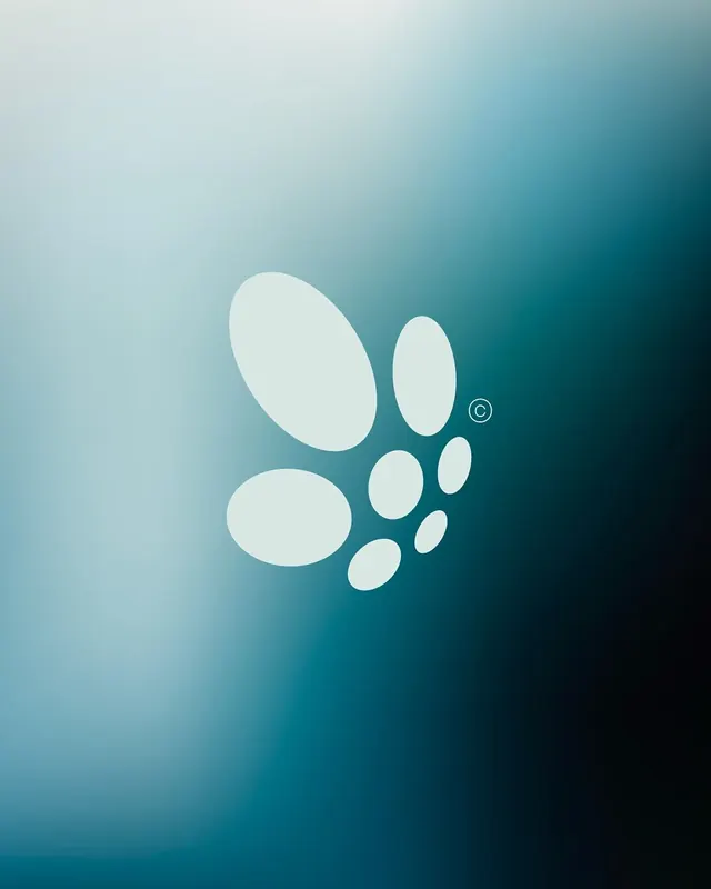 Pale pebble-cluster logo on teal gradient, minimal, abstract, cool