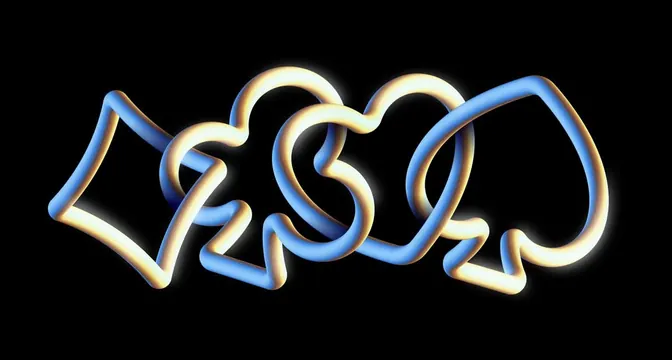 Interlocking neon-tube card-suit shapes on black, abstract, 3d-render, dark