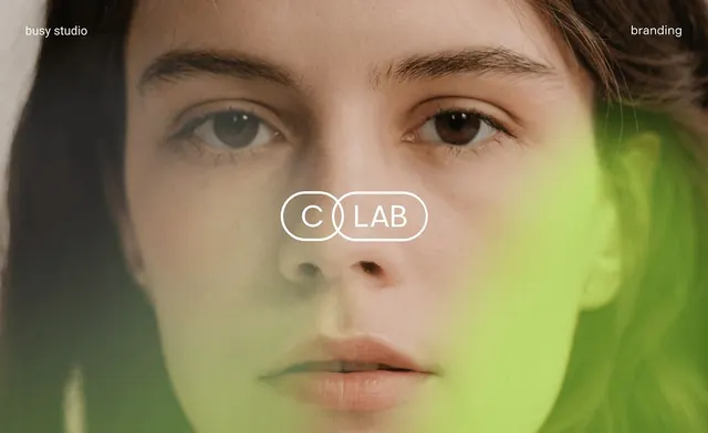 CLAB monoline logo over portrait, minimal, editorial, warm