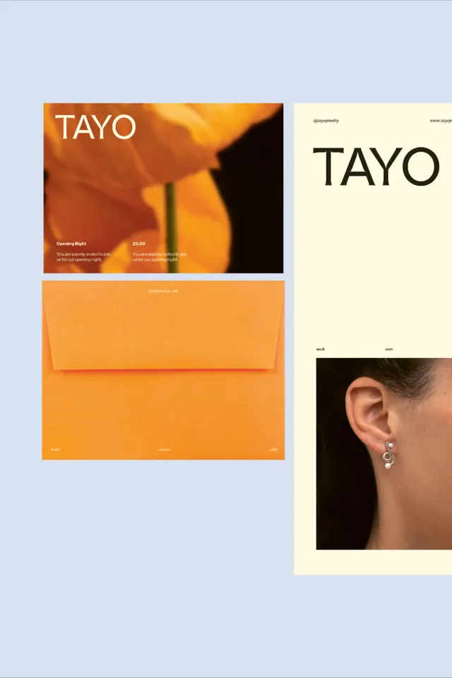 TAYO jewelry identity board, minimal, editorial, warm