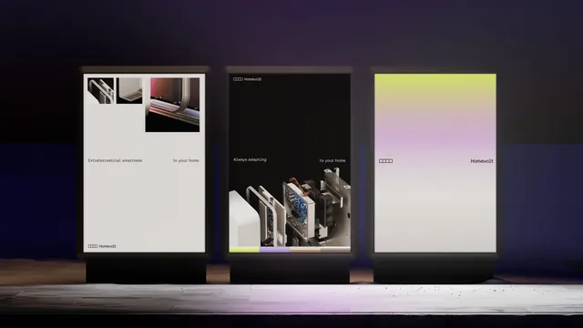 Homevolt OOH poster trio mockup, minimal, photographic, dark