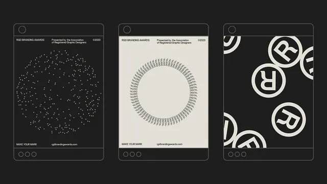 RGD Branding Awards poster trio, minimal, monochrome, dark