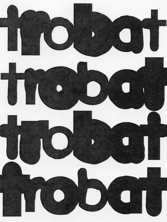 Trobat hand-cut monospace wordmark, brutalist, editorial, dark