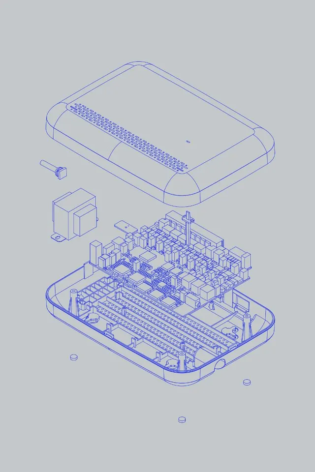 Exploded-view isometric line drawing of a device, line-art, technical, muted