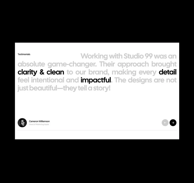 Highlighted-word testimonial section UI, minimal, light-mode, light
