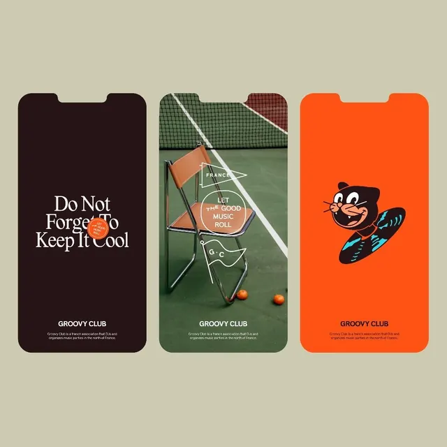 Groovy Club brand identity across three phone wallpapers, editorial, retro, dark
