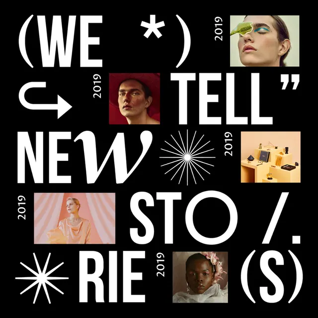 \"(We tell new stories)\" type-and-photo grid, editorial, swiss, dark