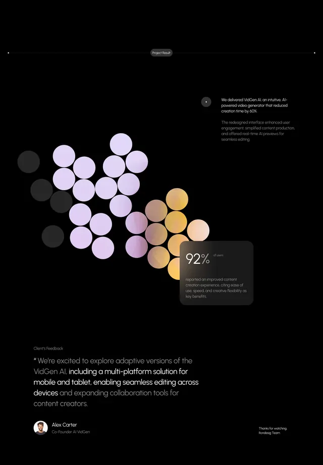 Dark AI case study slide with circle cluster, dark-mode, minimal, dark