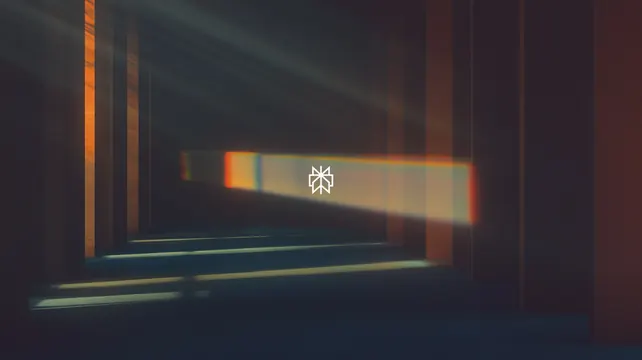 Geometric monogram on a cinematic light-shaft render, minimal, abstract, dark