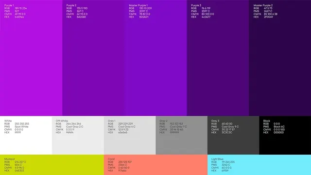 Brand color spec sheet with RGB, PMS, CMYK, HEX, technical, geometric, vibrant