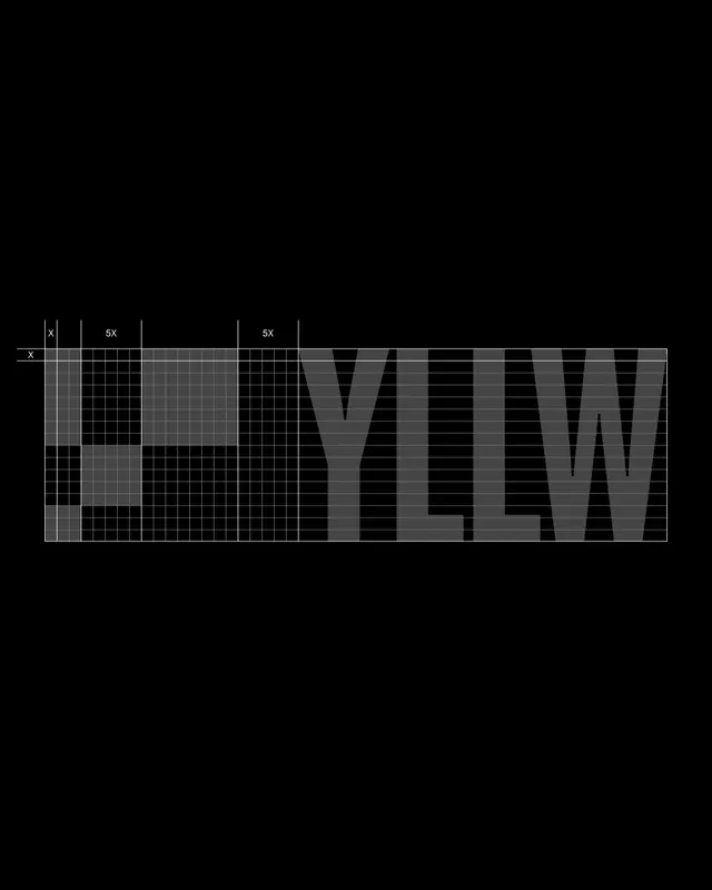 YLLW logo construction grid with X-height units, geometric, minimal, dark