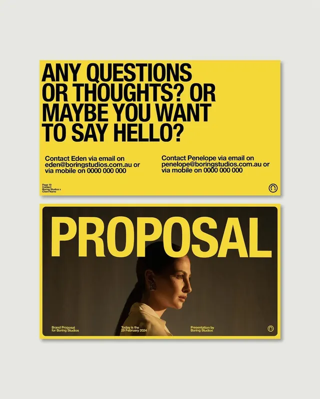 Boring Studios proposal, yellow-and-black slides, brutalist, editorial, high-contrast