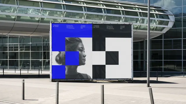 Blue checkerboard billboard brand mockup, geometric, swiss, cool