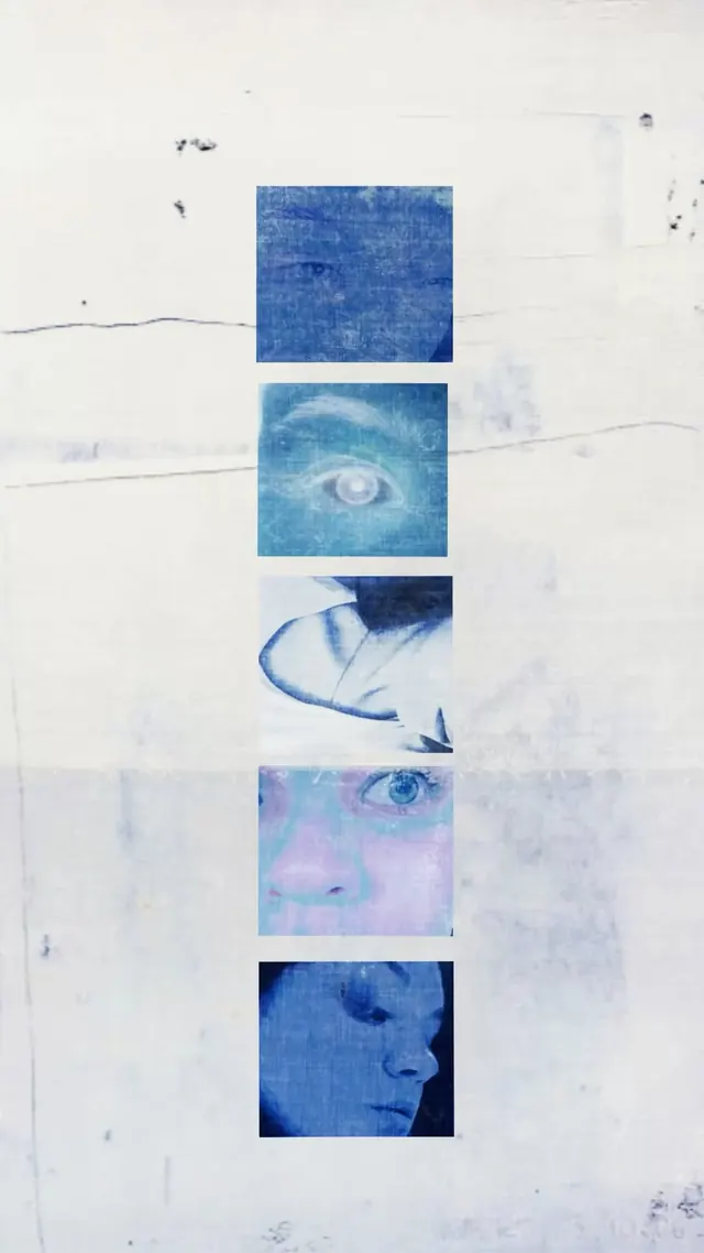 Stacked blue portrait-fragment collage, editorial, abstract, cool