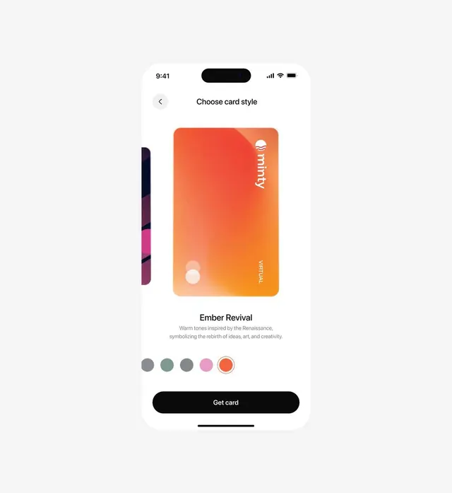 Minty card-style picker screen with gradient virtual card, minimal, gradient-heavy, light
