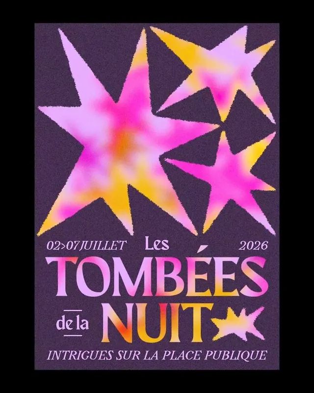 Tombees de la Nuit festival poster with aura stars, maximalist, y2k, neon