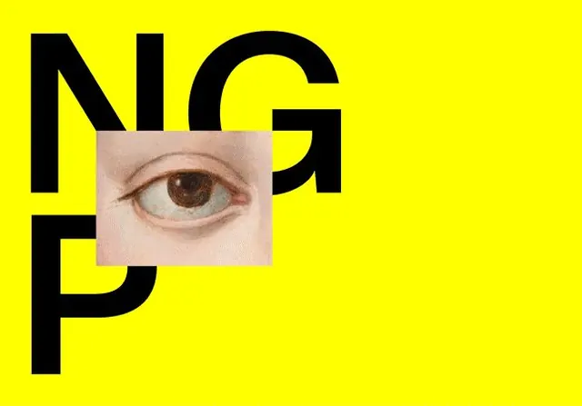 NGP type with eye photo inset, minimal, geometric, warm
