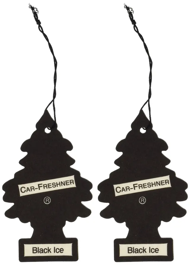 Black tree-shaped car fresheners with Car-Freshner label, minimal, photographic, light