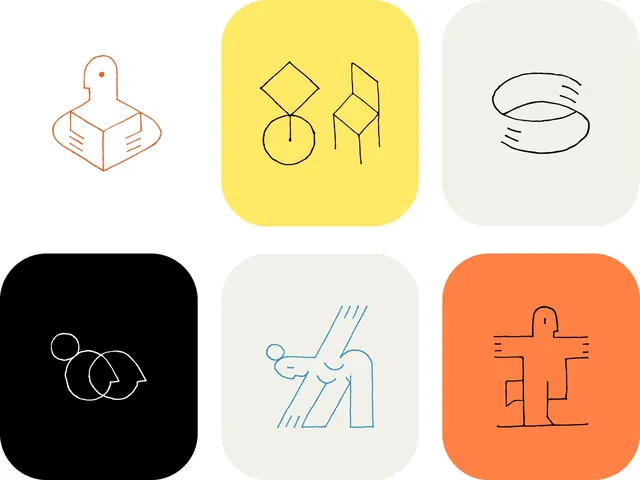 Hand-drawn line-icon set on colored rounded tiles, line-art, minimal, warm