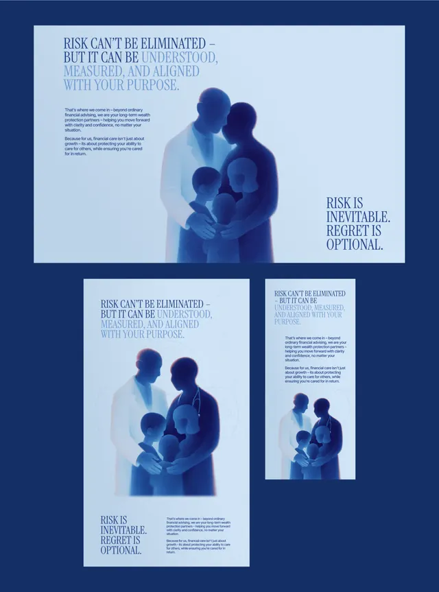 Blue duotone financial-services campaign layout, corporate-clean, editorial, cool