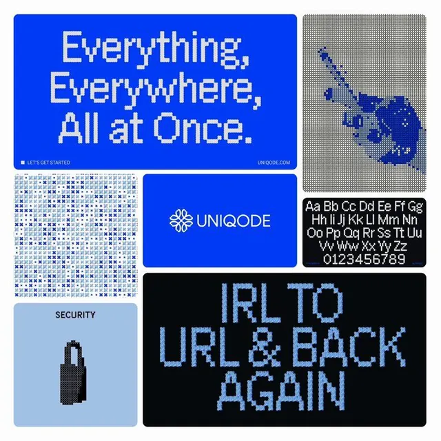 Uniqode pixel-type brand board in cobalt blue, retro, brutalist, cool