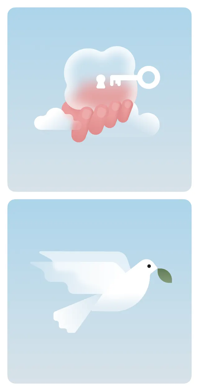 Soft pastel cloud icon pair: key and dove, flat, minimal, cool