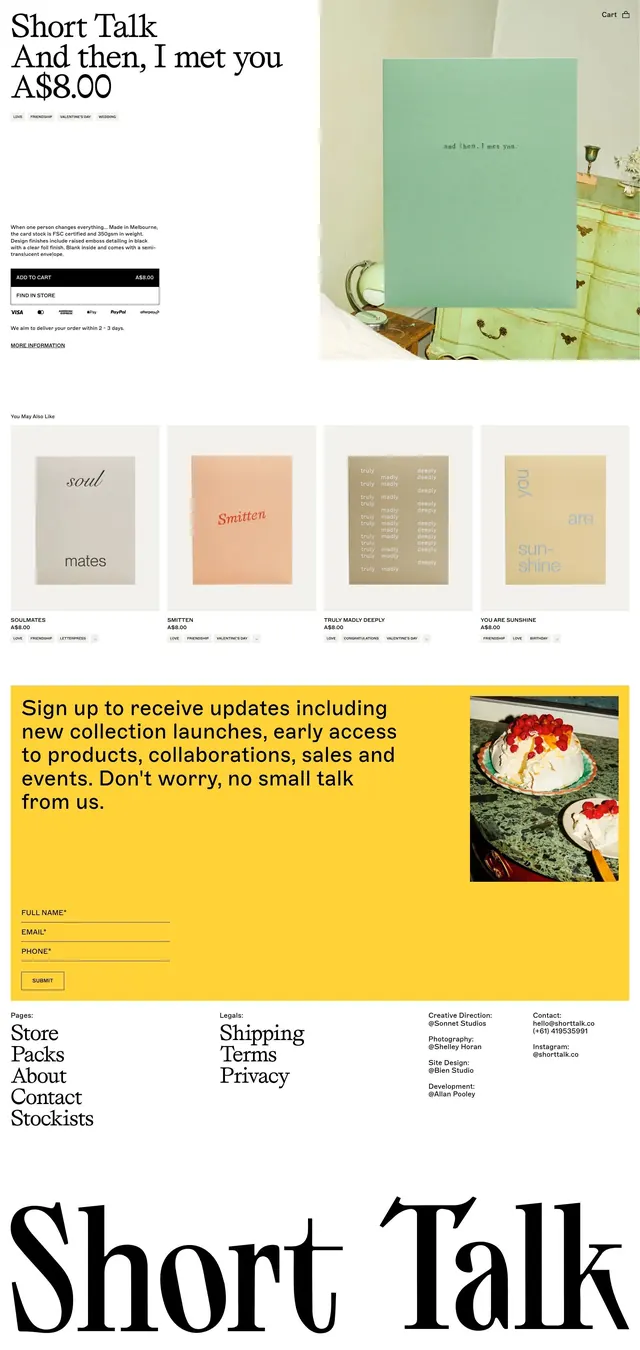 Serif-led greeting-card shop page, minimal, editorial, light