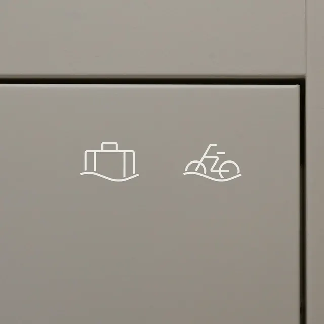 Wayfinding line icons on taupe locker panel, minimal, line-art, light
