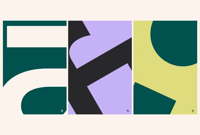 Cropped letterform triptych in teal, lavender, chartreuse, geometric, editorial, vibrant