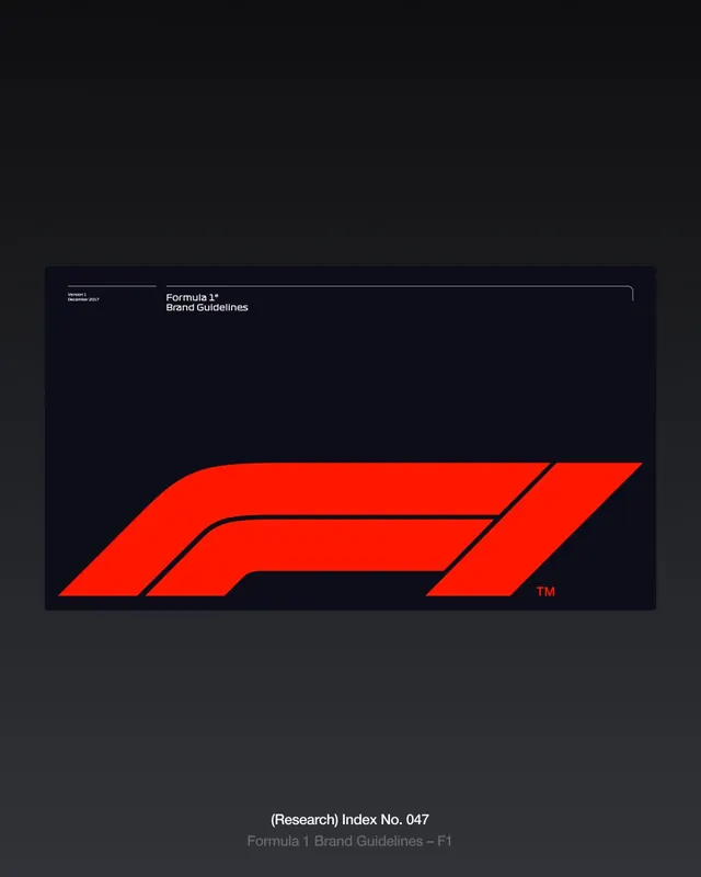Formula 1 Brand Guidelines cover, red mark on near-black, minimal, geometric, dark