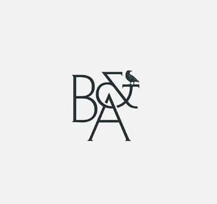 B&A interlocking monogram with perched bird, minimal, line-art, light
