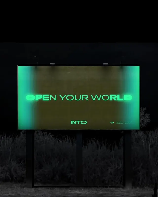 Glowing green nighttime billboard mockup, minimal, photographic, dark
